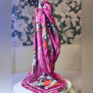 Ed Hardy Hot Pink & Yellow Tattoo-Print Silk Scarf